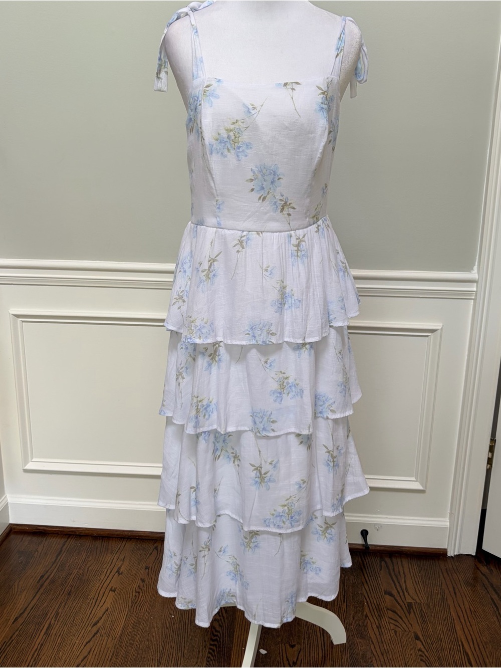 Altar'd State White Gauze Tiered Dress with Soft Blue Floral Size M